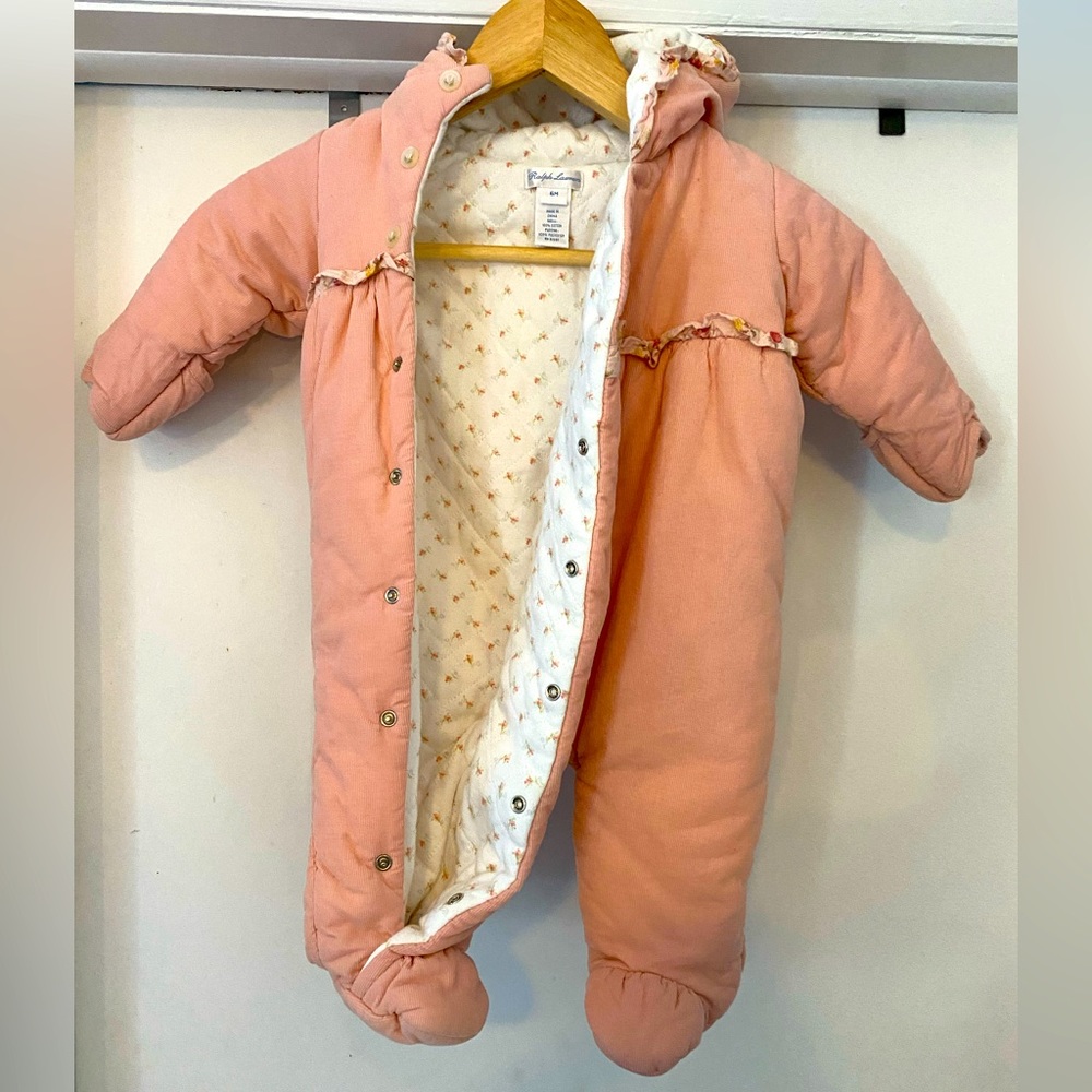 Ralph Lauren baby bunting/snowsuit. Pink w floral lining & hood. Excellent cond